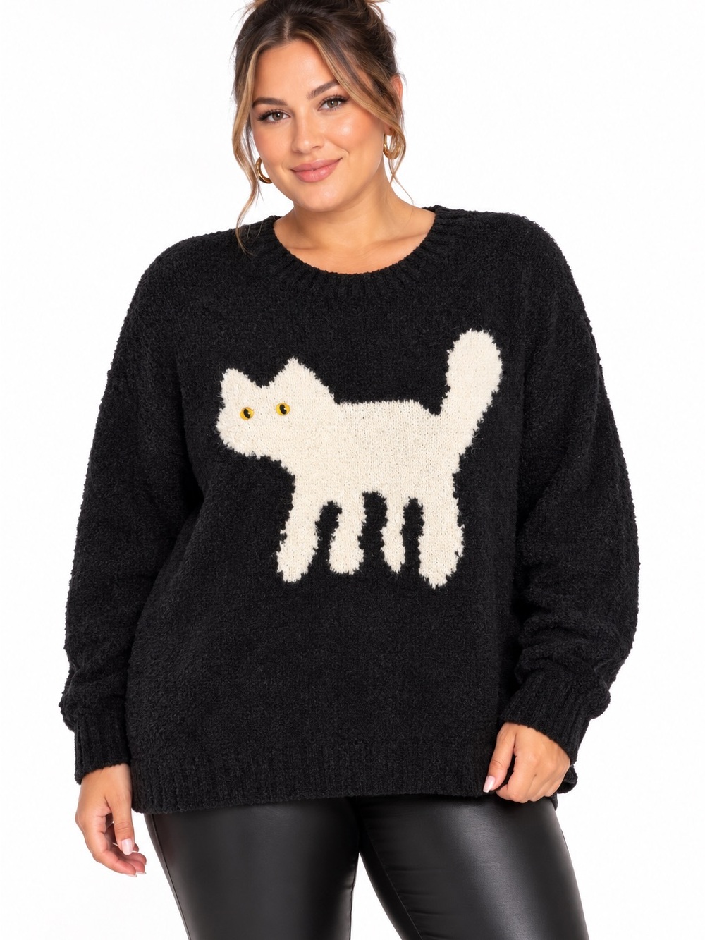 Cozy Black Cat Knit Sweater - White Cat Design